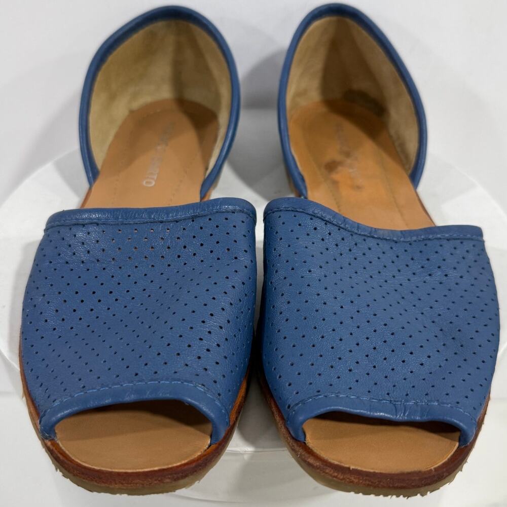 Franco Sarto Vada Blue Leather Laser Cut Peep Toe Flats Shoes Made Brazil 7M